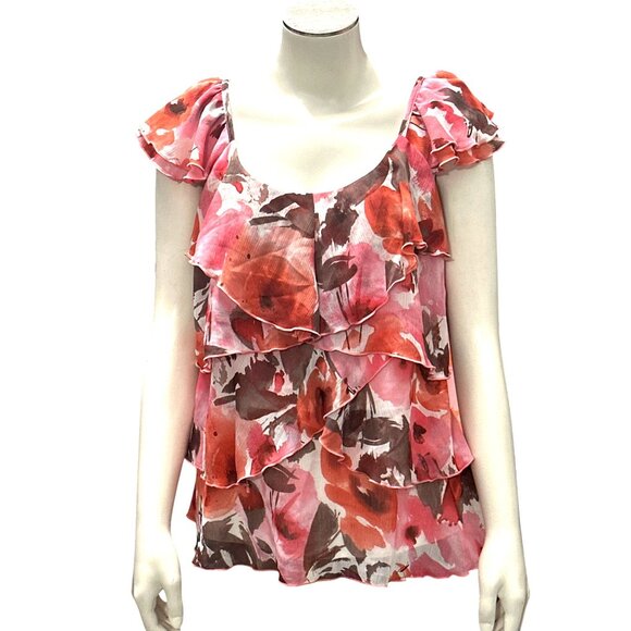 AGB Small East Hamptons Ruffle Blouse Pink Coral Floral Layered Style Romantic - Picture 2 of 14